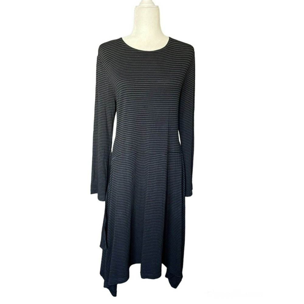 BRYN WALKER Chelsea Asymmetrical Draped Striped Midi Dress Lagenlook Medium
